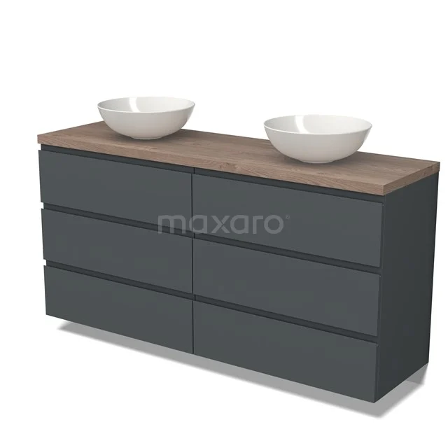 Badmöbel für Aufsatzwaschbecken 160cm Modulo Plato Dunkelgrau 3 Schubladen Grifflos mittelbraune Eiche Platte BMK20-00104 Grauer Badschrank mit Holzoptik Platte und Doppelwaschbecken, modernes Design und geräumige Schubladen.