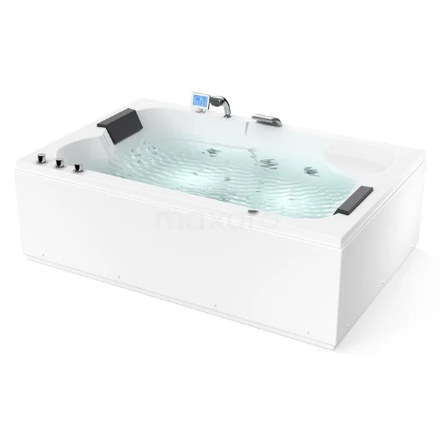 Stilvolle weiße Whirlpool-Badewanne mit eingebauten Massagestrahlen, schwarzen Kopfkissen und Glasplatte, perfekt für luxuriöse Entspannung.