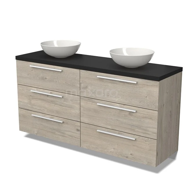 Hölzernes Badezimmermöbel mit doppelten Aufsatzwaschbecken, anthrazit Platte und sechs Schubladen, ideal für stilvolle Badezimmerlagerung.