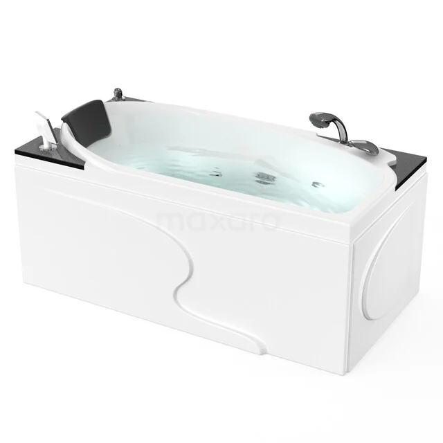 Wit rechthoekig wellness-bad met zwarte hoofdsteun, whirlpoolfunctie en chromen kranen, ideaal voor luxe badkamerontspanning.