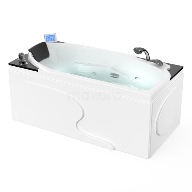 White rectangular bath with black headrest, whirlpool function and chrome taps, ideal for luxurious bathroom relaxation.