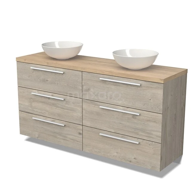 Holz-Waschtisch mit Doppel-Aufsatzwaschbecken-Design, heller Eichenoberfläche und silbernen Haltegriffen, ideal für moderne Bäder.