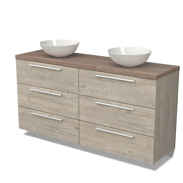 Holz-Badmöbel mit sechs Schubladen, Doppel-Waschtischplatte in natürlicher Eichenoptik und weißen Aufsatzwaschbecken.