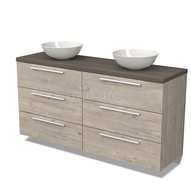 Holz Badezimmermöbel mit dunkler Oberseite, sechs Schubladen und zwei weißen Waschbecken, ideal für moderne Bäder.