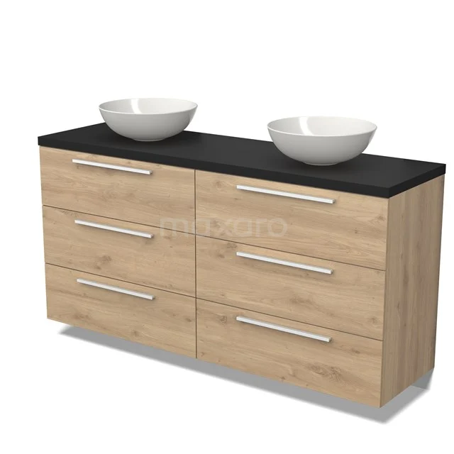 Wooden bathroom unit with black worktop, double white drawers and 6 drawers, ideal for modern bathroom design.