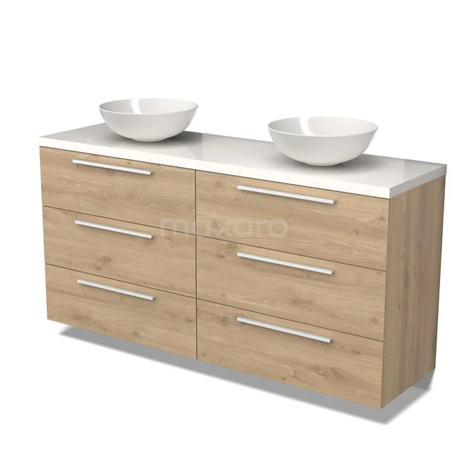 Oak bathroom unit with double basin, white ceramic bowls, modern drawers and sleek bathroom design.