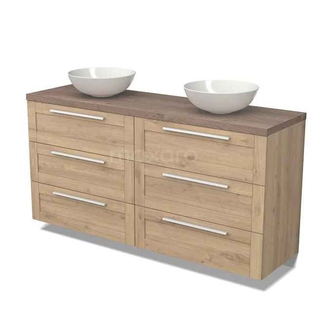 Wooden bathroom unit with double countertop wash basin, six drawers and a natural oak look for a modern bathroom style.