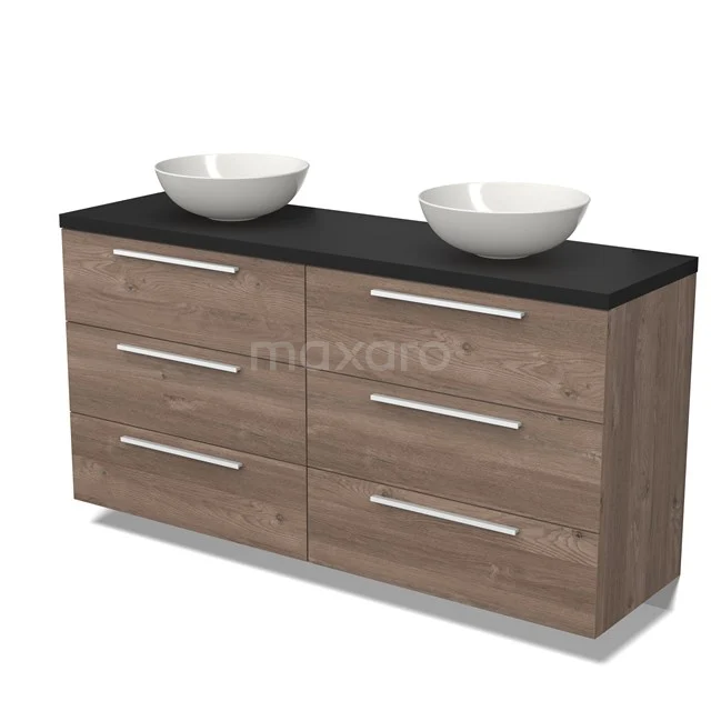 Wooden bathroom unit with black top and double white vanity units for countertop wash basins, modern design, ideal for spacious bathrooms.
