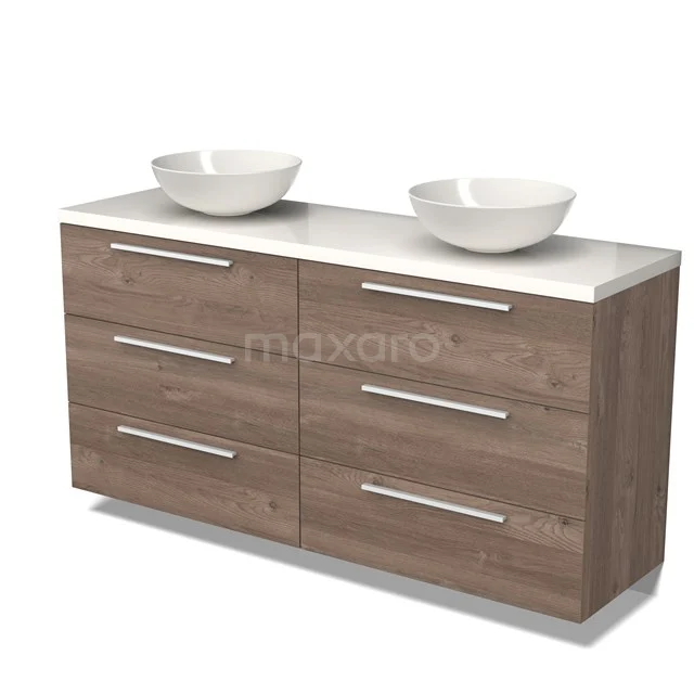 Bathroom unit wood-look with double countertop wash basins, six drawers and white worktop, stylish and practical for modern bathrooms.