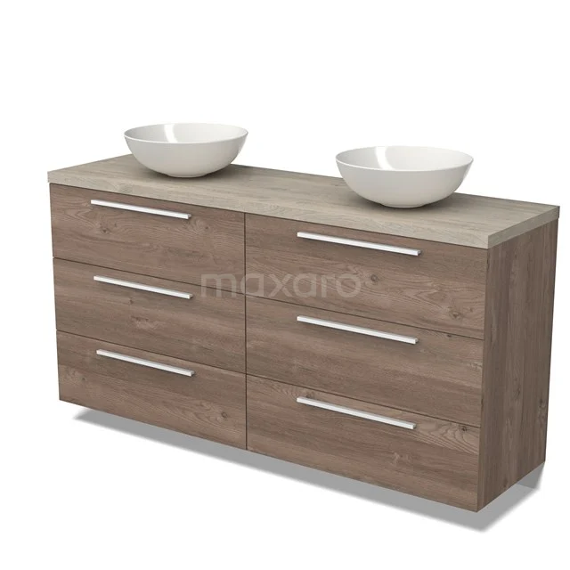 Wooden bathroom unit with double basin worktop, 6 drawers and modern handles, ideal for stylish and functional bathrooms.