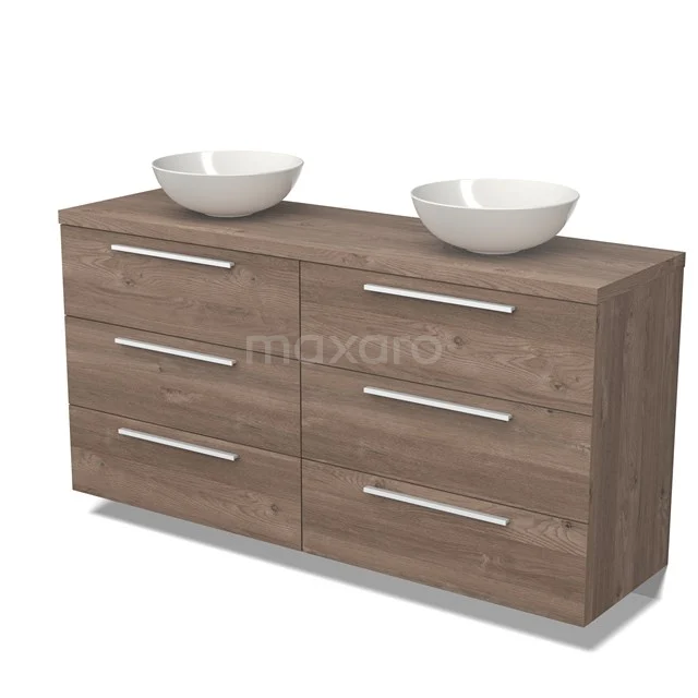 Wooden vanity units with double basin, six drawers and metal handles, modern design in a warm wood colour.