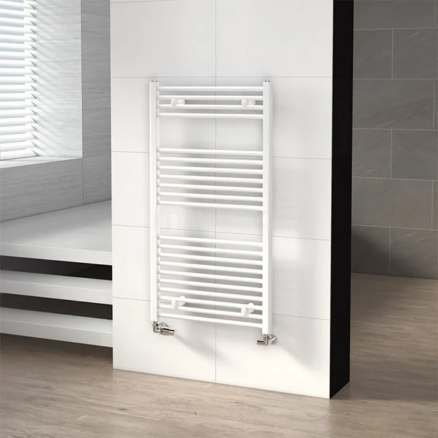 White steel towel radiator with vertical tubes, ideal for a modern bathroom and efficient heating.