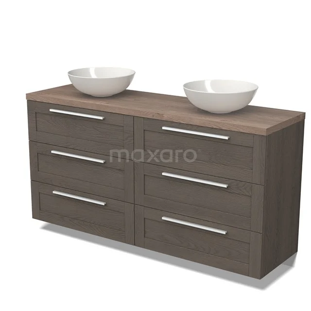 Modulo Plato Vanity units for countertop basin | 160 cm Dark brown oak Frame front Mid brown oak worktop 6 drawers BMK20-00195 Wooden bathroom unit with double white countertop wash basins, modern design, six drawers and a stylish dark Oak finish.