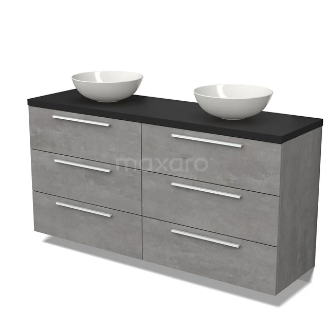 Graue Badmöbelset mit schwarzer Platte und Doppelwaschbecken, moderner Stil, ausgestattet mit sechs Schubladen und verchromten Haltegriffen.