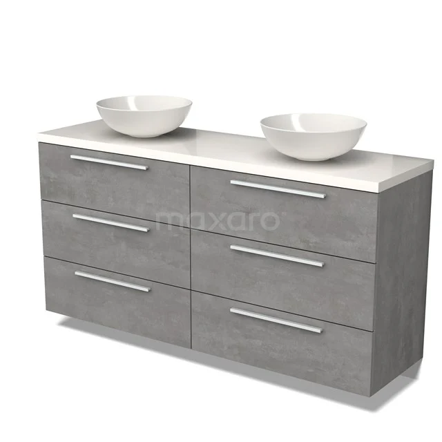 Graues Holz-Badmöbel mit Doppelwaschbecken, sechs Schubladen und Chromgriffen, modernes Design für Badezimmerlagerung.