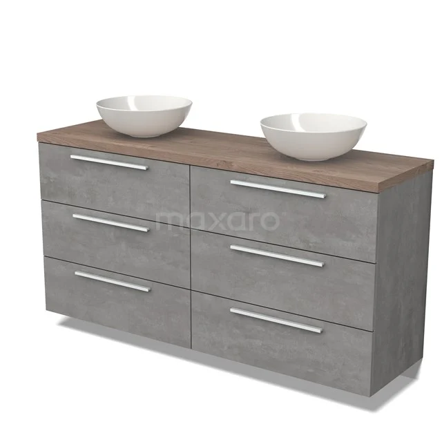 Modulo Plato Vanity units for countertop basin | 160 cm Light grey concrete Flat front Mid brown oak worktop 6 drawers BMK20-00216