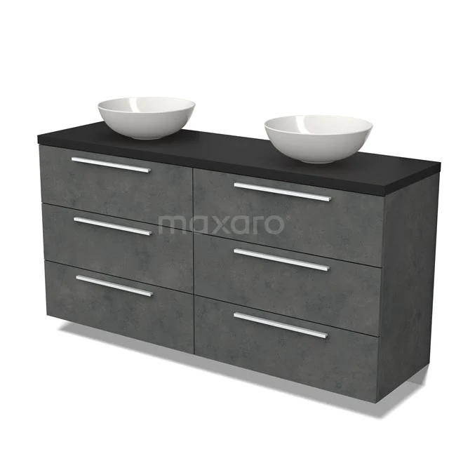 Graue Badmöbelset mit Betonlook, sechs Schubladen, schwarzer Platte und zwei weißen Aufsatzwaschbecken.