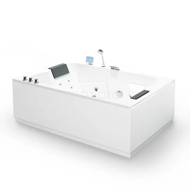 Weiße rechteckige Whirlpool-Badewanne mit schwarzen Kopfkissen, modernen eingebauten Wasserhahn und Massagedüsen, ideal für luxuriöse Bäder.