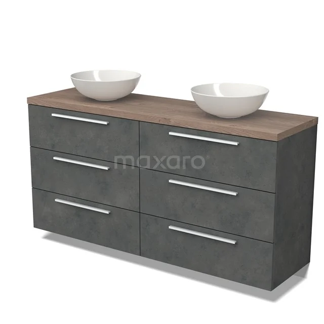 Modulo Plato Vanity units for countertop basin | 160 cm Dark grey concrete Flat front Mid brown oak worktop 6 drawers BMK20-00223