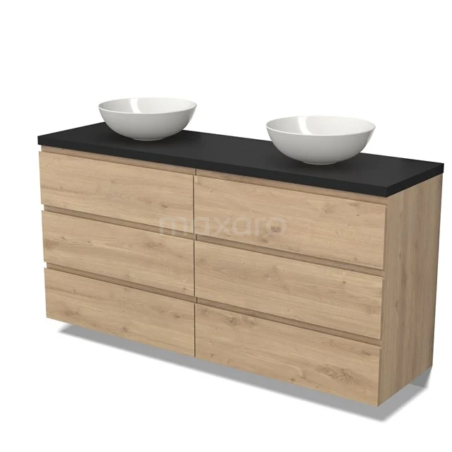 Holz Badezimmermöbel mit schwarzer Oberfläche und zwei weißen Aufsatzwaschbecken, modernes Erscheinungsbild, ideal für eine stilvolle Badezimmergestaltung.