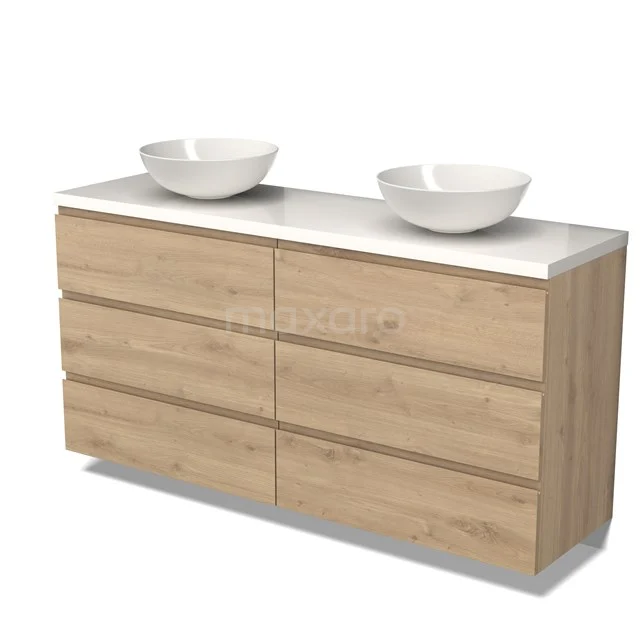 Holz-Badmöbel mit doppeltem weißen Aufsatzwaschbecken, 6 Schubladen und modernem Design, ideal für stilvolle Badezimmer.