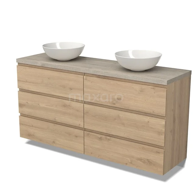 Holz Badezimmermöbel mit Doppelwaschbecken, naturholz Ausstrahlung, sechs Schubladen und weißen keramischen Schalen.