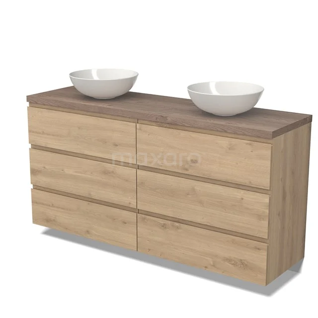 Modulo Plato Vanity units for countertop basin | 160 cm Light brown oak Handle-less front Mid brown oak worktop 6 drawers BMK20-00230
