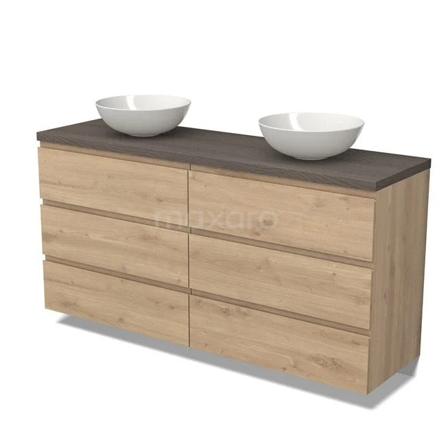 Badmöbel für Aufsatzwaschbecken 160cm Modulo Plato hellbraune Eiche 3 Schubladen grifflos dunkelbraune Eiche Platte BMK20-00231 Holz Badmöbel mit dunkler Platte, Doppelwaschbecken und sechs Schubladen, ideal für moderne Badezimmerlagerung.