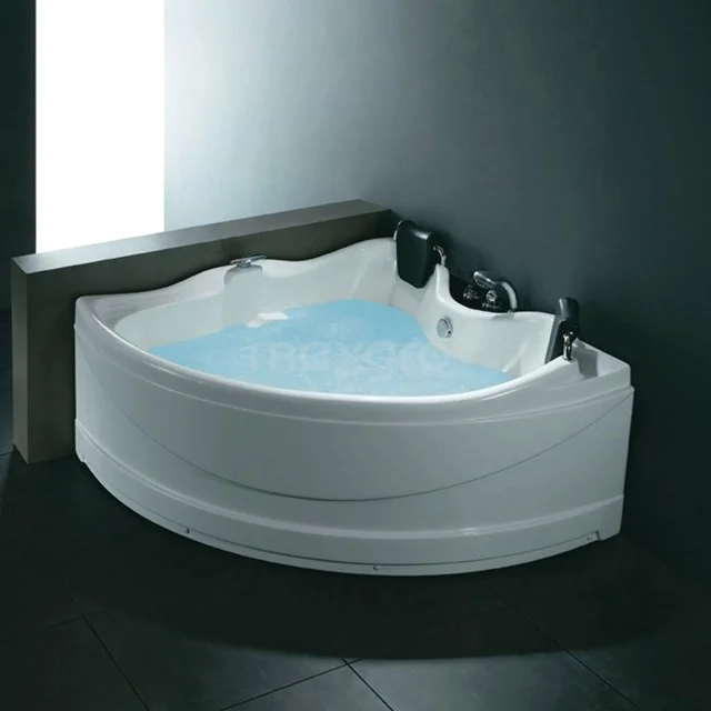 Eckbadewanne mit modernen Rundungen, weißes Acryl, ausgestattet mit Massage-Düsen, ideal für luxuriöse Entspannung im Badezimmer.