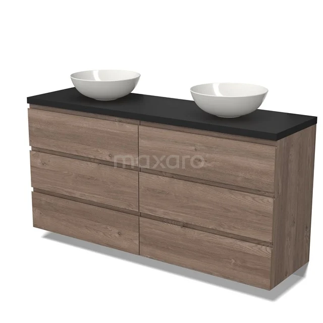 Modulo Plato Vanity units for countertop basin | 160 cm Mid brown oak Handle-less front Matte black worktop 6 drawers BMK20-00232
