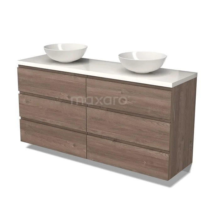 Modulo Plato Vanity units for countertop basin | 160 cm Mid brown oak Handle-less front High-gloss white worktop 6 drawers BMK20-00233