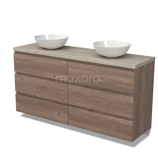 Modulo Plato Vanity units for countertop basin | 160 cm Mid brown oak Handle-less front Light grey oak worktop 6 drawers BMK20-00235
