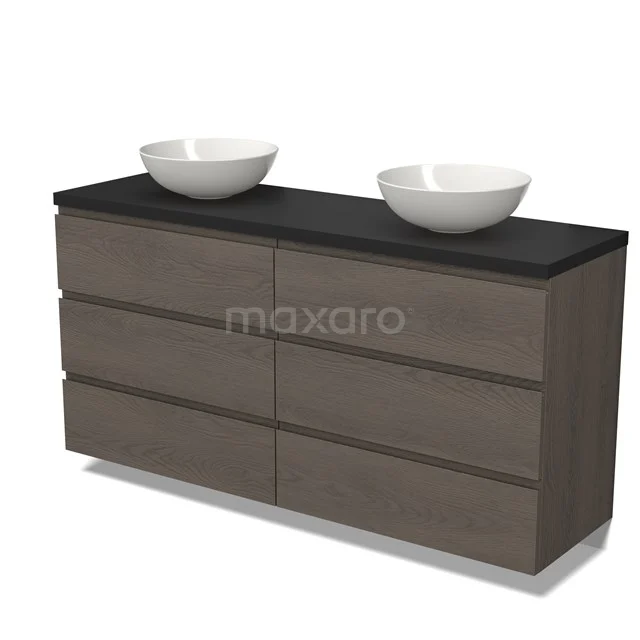 Holz-Badmöbel mit dunkler Platte, doppelten Aufsatzwaschbecken und sechs Schubladen, ideal für moderne und stilvolle Bäder.