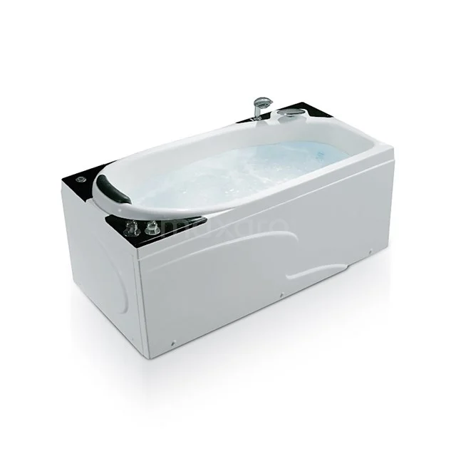 Whirlpool Bad Riff Messing 1-Personen-Wassermassage 160x80cm W081-163BM Moderne weiße Jacuzzi-Badewanne mit Chromakzenten, Wasserdüsen und komfortabler Liegeform, ideal für luxuriöse Badezimmerentspannung.