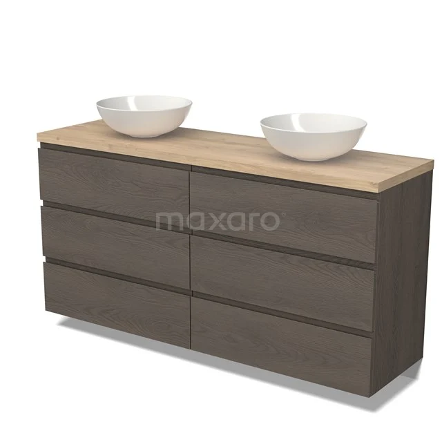 Modulo Plato Badkamermeubel voor waskom | 160 cm Donkerbruin eiken Greeploos front Lichtbruin eiken blad 6 lades BMK20-00243