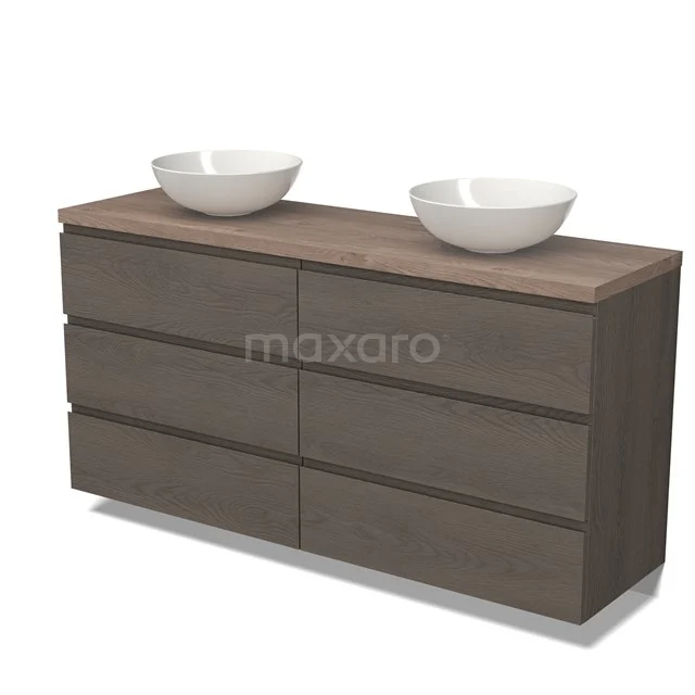 Modulo Plato Vanity units for countertop basin | 160 cm Dark brown oak Handle-less front Mid brown oak worktop 6 drawers BMK20-00244