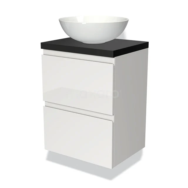 Weißes Badezimmermöbel mit lackierter Oberfläche, schwarzer Waschtischplatte und runder weißer Aufsatzwaschbecken. Kompaktes Design, modern und stilvoll.