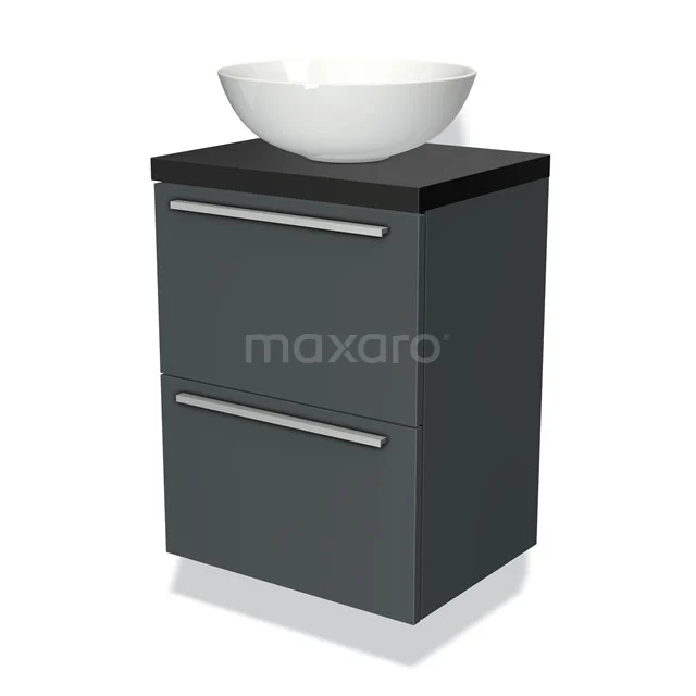 Antrazitgraue Badmöbelset mit zwei Schubladen, schwarzer Platte und keramischem rundem Waschbecken obenauf.