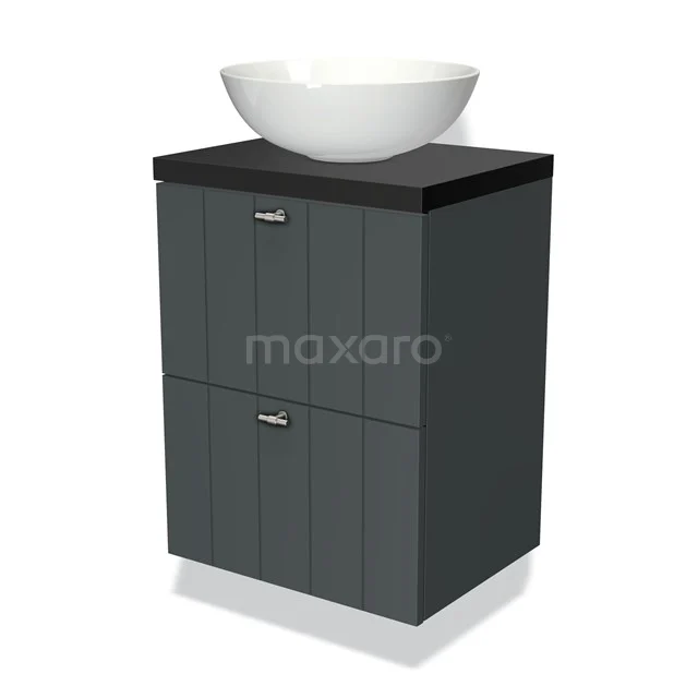 Modulo Plato Slim Vanity units for countertop basin | 50 cm Dark grey Slat front Matte black worktop 2 Stacked drawers BMK37-00171