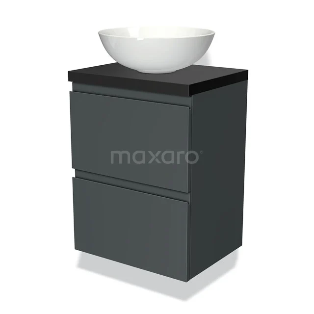 Waschtischunterschrank mit Konsole 50cm Modulo Plato Slim Dunkelgrau 2 Schubladen Grifflos BMK37-00172 Dunkelgraue Badmöbelset mit modernem Design, matt schwarzer Oberfläche und weißem Aufsatzwaschbecken aus Keramik.