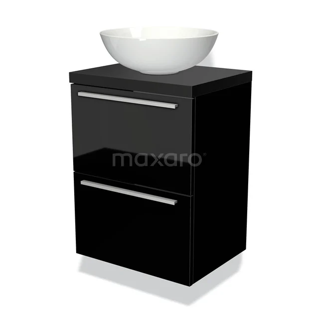 Schwarz glänzendes Badmöbel mit weißem keramischen Aufsatzwaschbecken, 2 Schubladen und eleganten metallischen Haltegriffen. Perfekt für moderne Bäder.