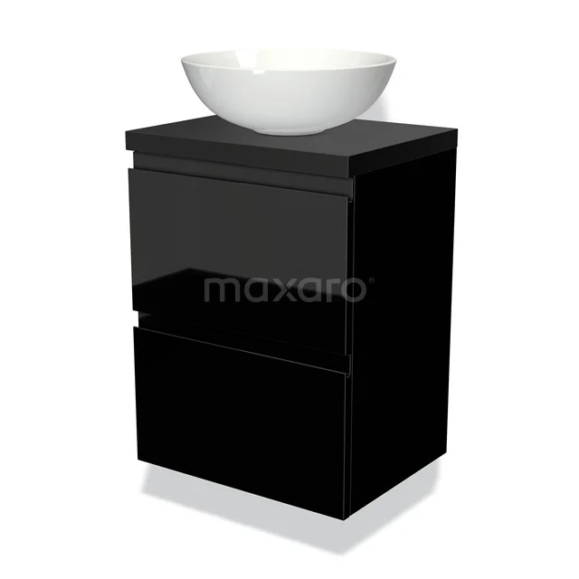 Modulo Plato Slim Vanity units for countertop basin | 50 cm High-gloss black Handle-less front Matte black worktop 2 Stacked drawers BMK37-00175