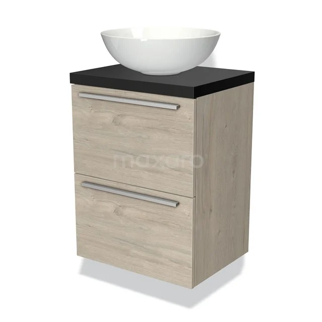 Hölzernes Badezimmermöbel mit schwarzer Platte, modernem Waschbecken und zwei Schubladen, ideal für ein stilvolles und funktionales Badezimmer.