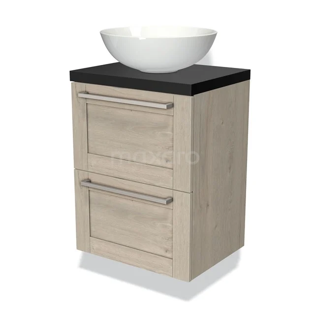 Wooden bathroom unit with two drawers, black worktop and white bowl-shaped basin, ideal for a modern bathroom style.