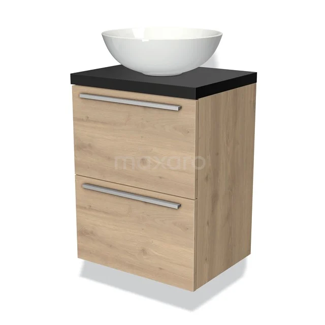 Holz Badezimmermöbel mit zwei Schubladen, schwarzer Platte und weißem Aufsatzwaschbecken, modernes Design für eine stilvolle Badezimmerinrichtung.