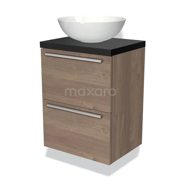 Badmöbel mit Konsole 50cm Modulo Plato Slim mittelbraune Eiche 2 Schubladen Flach BMK37-00182 Badmöbel mit Waschbecken, Holzoptik Schrank mit zwei Schubladen, schwarzer Platte und weißem rundem Waschbecken. Modernes und kompaktes Design.