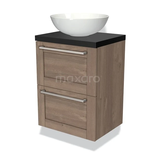 Holz Badmöbel mit zwei Schubladen, Schwarz Platte und weißem Aufsatzwaschbecken, ideale Kombination für einen modernen Badezimmer Stil.