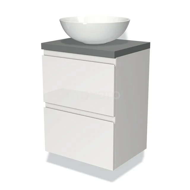 Weißes Badmöbel mit grauer Waschtischplatte und rundem Aufsatzwaschbecken, kompaktes Design, geeignet für moderne Bäder.