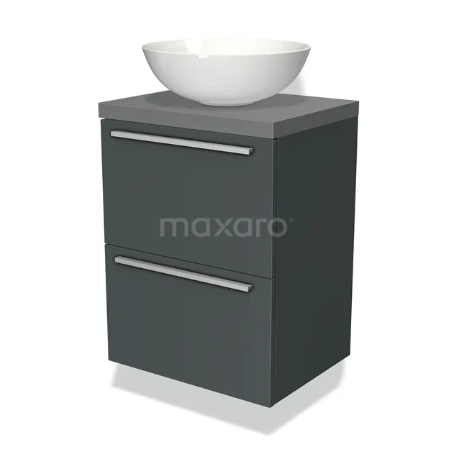 Badmöbel für Aufsatzwaschbecken 50cm Modulo Plato Slim Dunkelgrau 2 Schubladen Flach BMK37-00199 Dunkelgraue Badmöbelset mit keramischem Aufsatzwaschbecken, zwei Schubladen und schlichten Metallgriffen.