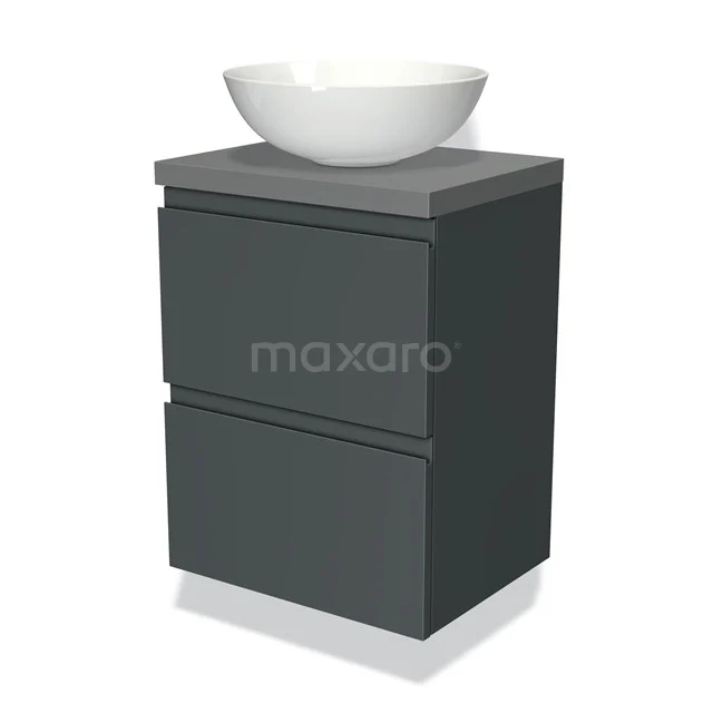 Dunkelgraue Badmöbelset mit zwei Schubladen, mattem Oberfläche und einem weißen Aufsatzwaschbecken für einen modernen Badezimmerstil.